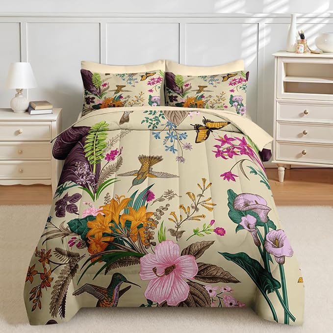 Nesker 5 Pcs Comforter Set Twin Size, Cute Botanical Birds Bedding Set for Kids and Adults, Vintage Flower Plant Bed Sheet Sets with Fitted Sheet Pillowcases & Shams
