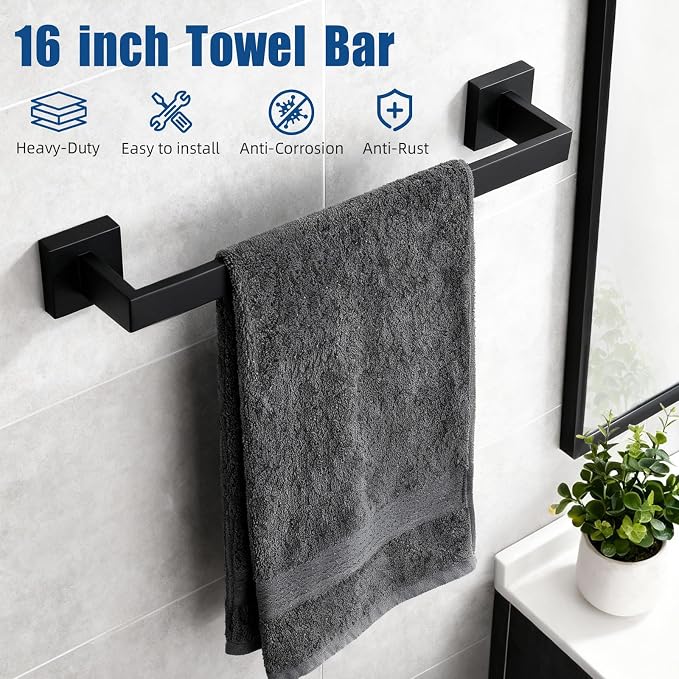 Matte Black Bathroom Hardware Accessories Set, Stainless Steel Towel Racks for Bathroom, 16 Inch Towel Bar, Towel Holders, Updated Toilet Paper Holder with Shelf Wall Mounted(10-Pieces)