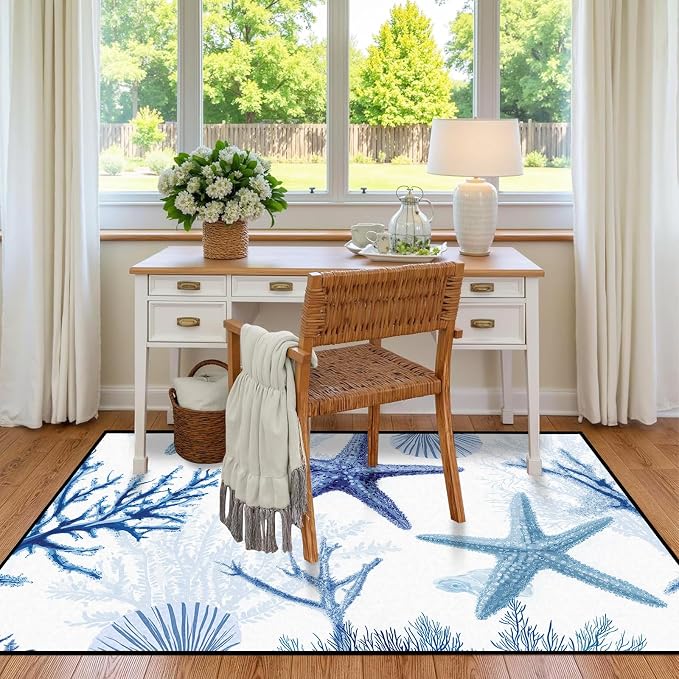 Coastal Starfish Rug 3'x5' Blue Ocean Area Rug Coral Seashell Floor Mat Washable Low Pile Carpet for Entryway Bedroom Living Room Kitchen Home Decor