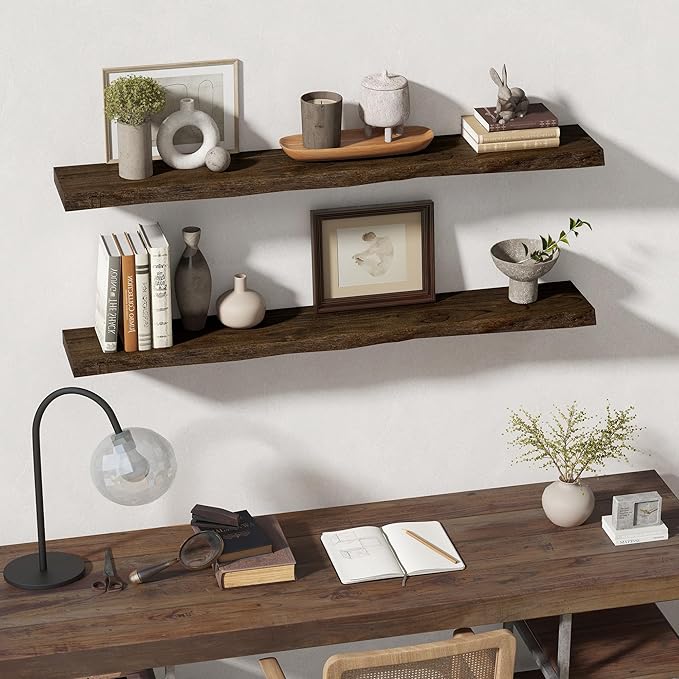 55 Inch Floating Shelves for Wall, Solid Elm Wood Live Edge Wall Shelf for Home Decor, 8 Inch Deep Floating Shelf, 55 x 8 Wooden Shelves for Bathroom Living Room Kitchen, Walnut Color, Set of 1