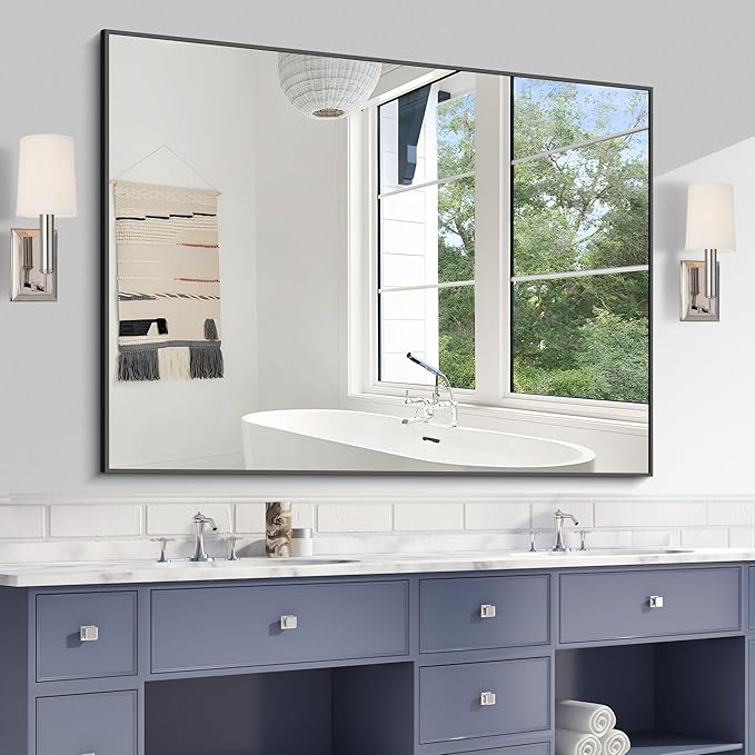 KOCUUY Black Mirror, 48"x36" Rectangle Bathroom Mirror for Over Sink, HD Tempered Glass, Anti-Rust Frame, Modern Design for Bathroom, Bedroom, Living Room, Entryway, Hang Horizontal/Vertical