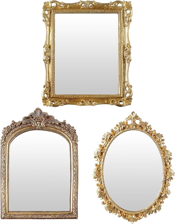Wonderjune 3 Pcs Vintage Gold Mirror Set Wall Decorative, 8-15in Vintage Wall Mirror Hanging Antique Hanging with Stand for Living Room Home Wedding Decor(Retro Mixed Style, 12in/10in/8in)