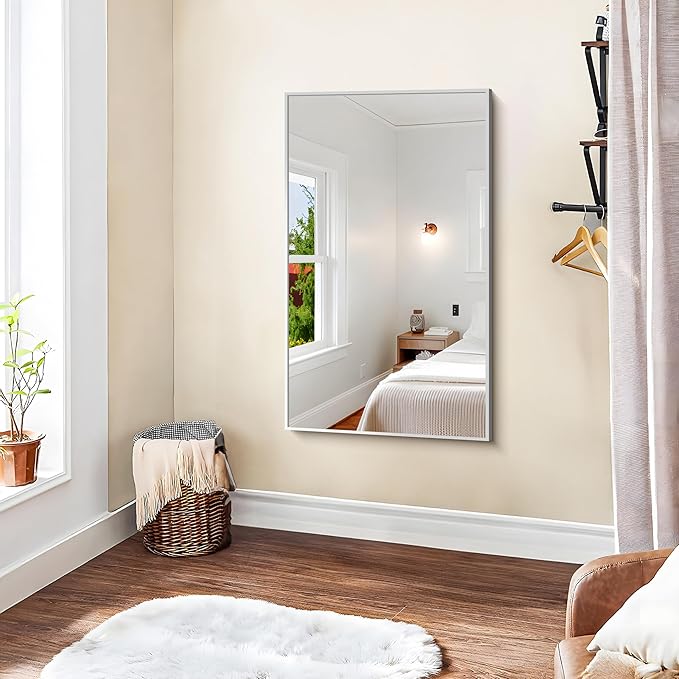 KOCUUY Silver Framed Mirror, 24"x40" Rectangle Bathroom Mirror for Wall, HD Tempered Glass, Anti-Rust Frame, Modern Design for Bathroom, Bedroom, Living Room, Entryway