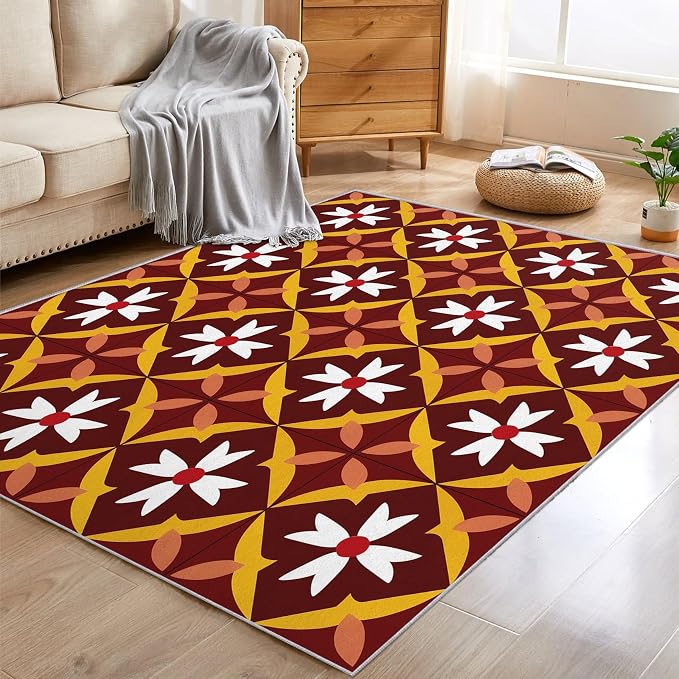 Geometric Flower Rugs for Home Decor, 3x5 ft, Mid Century Modern Area Rugs for Living Room, Soft Non Slip Washable Retro Floral Carpet Bedroom Decorations Dt-Ghf-69
