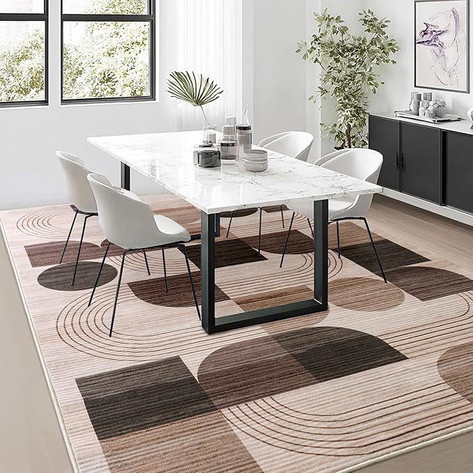 Large Machine Washable 8x10 Area Rug, Soft Modern Geometric Abstract Brown Rugs for Bedroom Living Room, Non-Shedding Faux Wool Indoor Throw Floor Carpet for Office Entryway Dining Room Decor