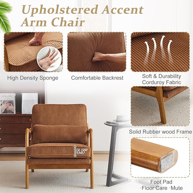 VINGLI Upgraded Premium Corduroy Accent Chair,Upholstered Arm Chair,Solid Wood Comfy Reading Chair with Pillow, Mid Century Modern Chairs for Living Room,Bedroom,Brown