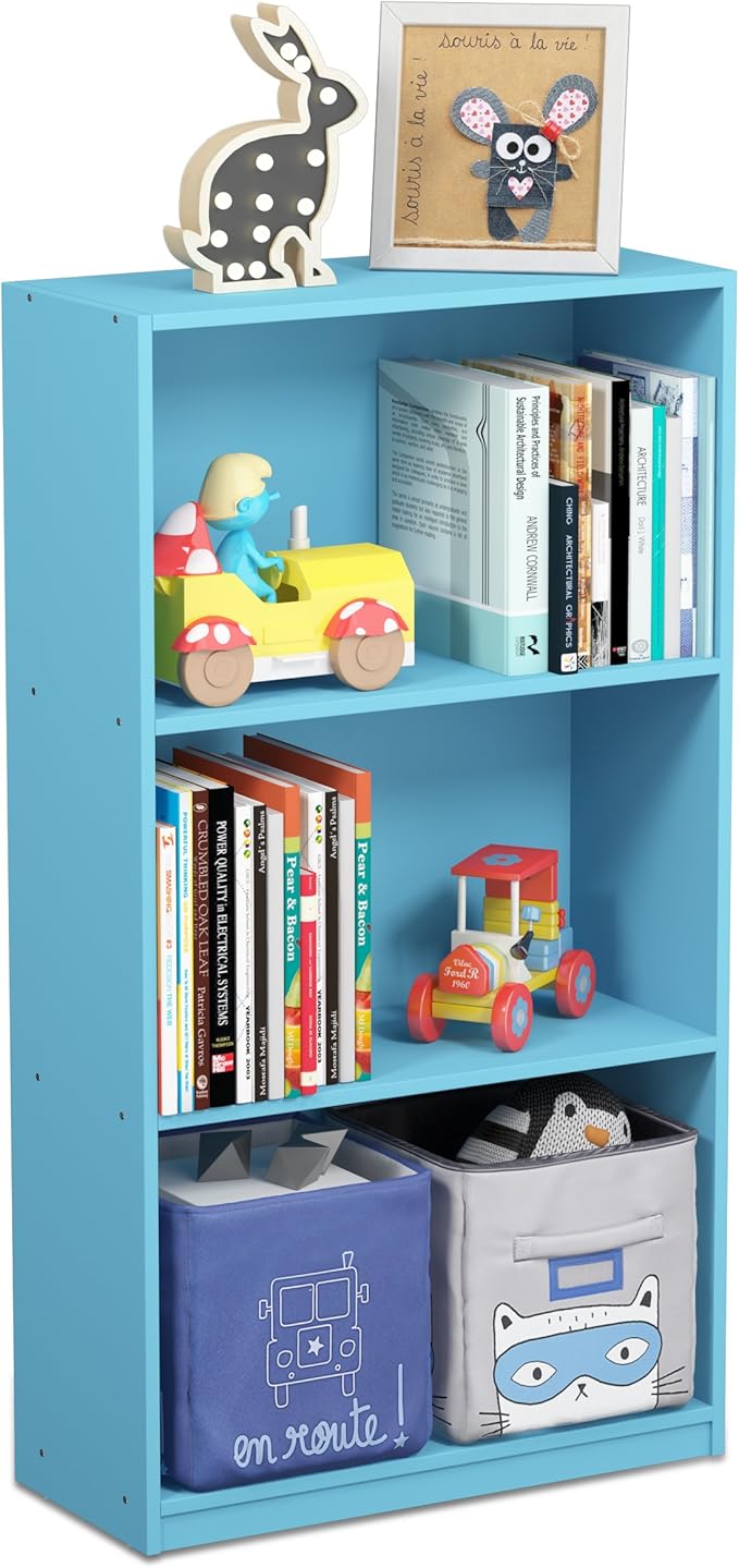 Furinno BASIC Book Shelf, 3-Tier Modern Bookshelf, Bookcase with Open Shelves, 9.3 x 21.8 x 39.5, for Living Room, Bedroom, Home Office, Light Blue