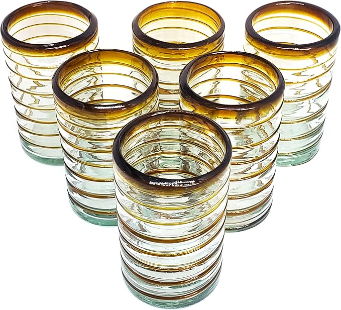 Amber Spiral 14 oz Drinking Glasses (set of 6), Recycled Glass, Lead-free, Toxin-Free (Drinking)