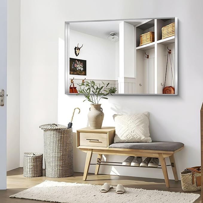 CIRCUMI Silver Bathroom Mirror, 36"x55" Rectangular Mirror with Deep Metal Frame, Brushed Finish, Tempered Glass, Large Mirror for Wall, Over 2 Sinks, Installed Vertically/Horizontally, Crystal-Clear