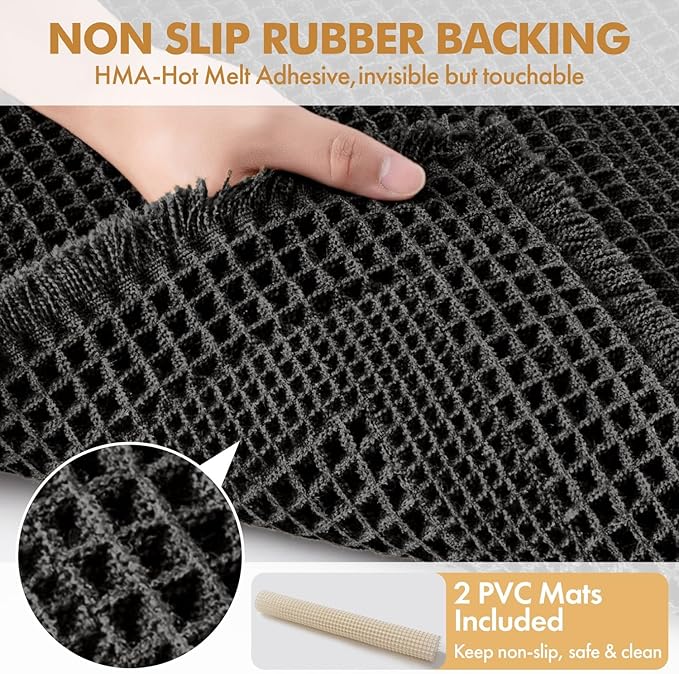 MIULEE Set of 2 Waffle Bathroom Rugs, Boho Bath Rug Super Absorbent, Non Slip Washable Ultra Soft Rubber Backed Shower Bath Mats for Floor, Tub, Shower, Looped Design, Black, 17x24 Inch