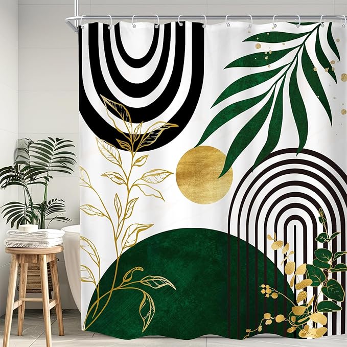 Olive Green and Gold Boho Mid Century Shower Curtain, Modern Minimalist Leaf Arch Sun Shower Curtains for Bathroom Waterproof Fabric Bath Curtain 72x72 Inch with 12 Hooks