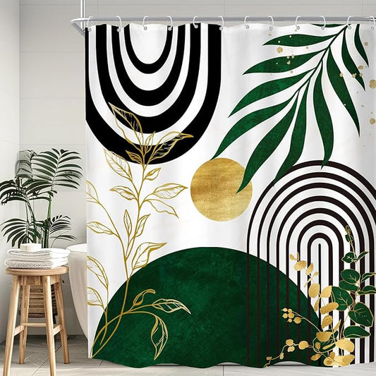 Olive Green and Gold Boho Mid Century Shower Curtain, Modern Minimalist Leaf Arch Sun Shower Curtains for Bathroom Waterproof Fabric Bath Curtain 72x72 Inch with 12 Hooks