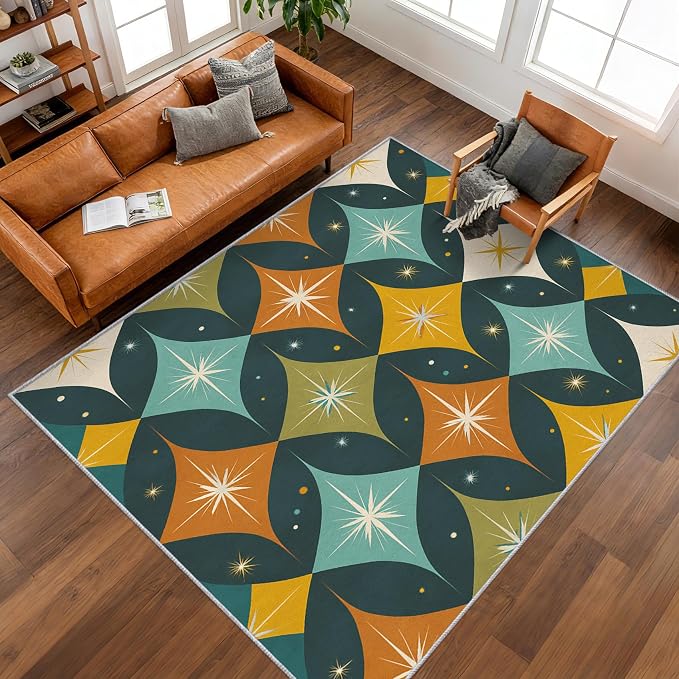 Mid Century Modern Rugs for Bedroom 5x7 ft, MCM Atomic Area Rugs for Living Room, Washable Non Slip Low Pile Abstract Geometric Carpet, Home Decor PF-P 107