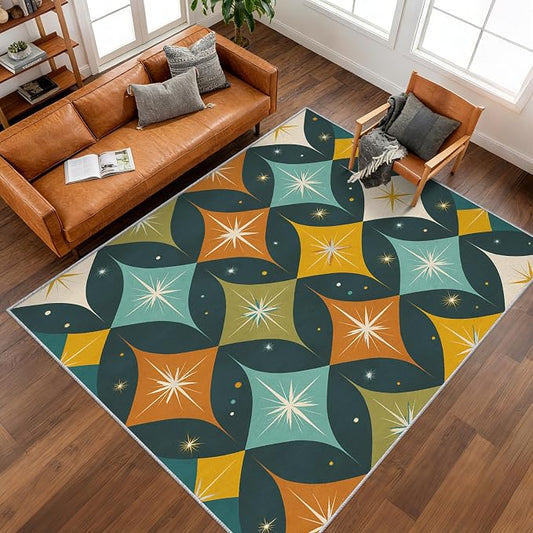 Mid Century Modern Rugs for Bedroom 6x9 ft, MCM Atomic Area Rugs for Living Room, Washable Non Slip Low Pile Abstract Geometric Carpet, Home Decor PF-P 107