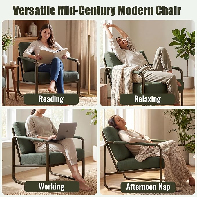 PrimeZone Mid-Century Modern Accent Chair Set of 4 - Comfy Fabric Living Room Chair, Lounge Armchair with Extra Soft Padded & Cushion, Ergonomic Accent Chair for Bedroom Office, Dark Green