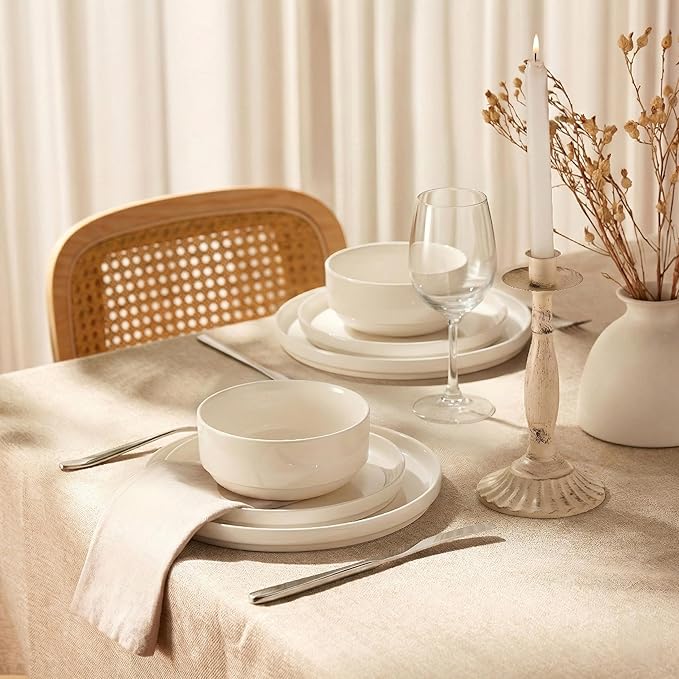 Vase and Vessel Ceramic Dinnerware Set, 12-Piece Service for 4, Soup Bowls (25 oz), Salad Plates (7.5"), Dinner Plates (10"), Round, Microwave and Dishwasher Safe, Ivory, Cambridge Classics