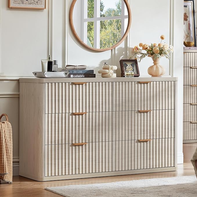 LEYAOYAO Fluted 6 Drawers Dresser Set of 2, 48" Wide Modern Chest of Drawers with Metal Handle, Light Grey Curved Profile Dresser TV Stand, Wooden Drawer Organizer for Bedroom, Living Room, Hallway