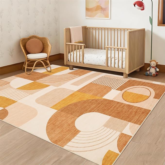 4x6 Washable Rug for Bedroom, Boho Geometric Small Area Rugs for Living Room Entryway Soft Low Pile Non-Slip Indoor Rug for Playroom Dorm Girls, Orange Multi, 4'x6'