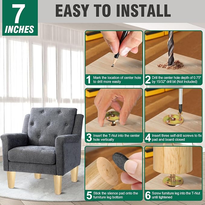 FoDau770 Rubber Wood Furniture Legs 7 Inches, 5/16" UNC Straight Tapered Wood Feet Mid Century Sofa Legs, Wooden Furniture Feet Replacement Parts for Cabinet Couch Dresser Chair Ottoman Table