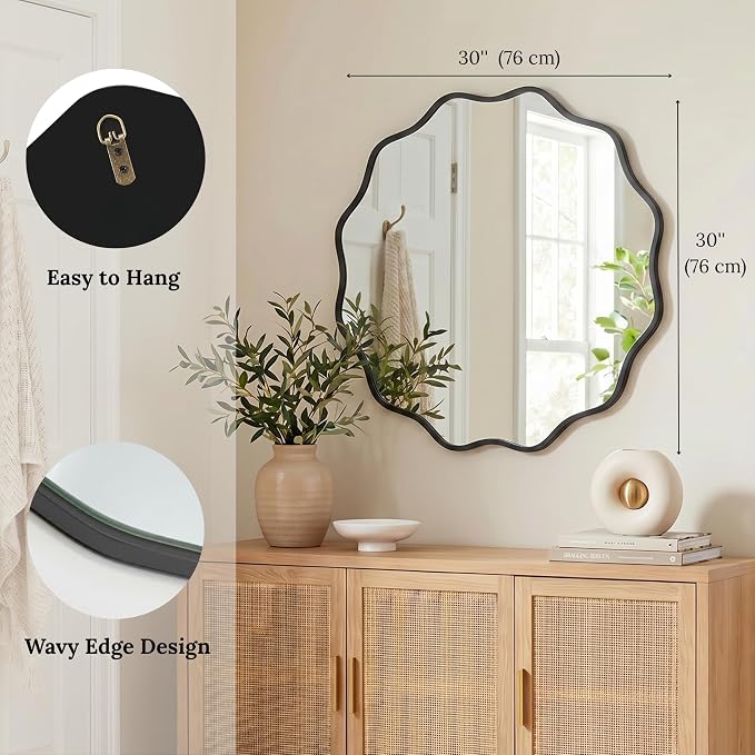 PERFNIQUE Black Scalloped Mirror, 30'' Round Wall Mirrors Wavy Wood Framed with Tempered Glass for Bathroom Nursery Bedroom Living Room Entryway, Decorative Modern Wall Decor