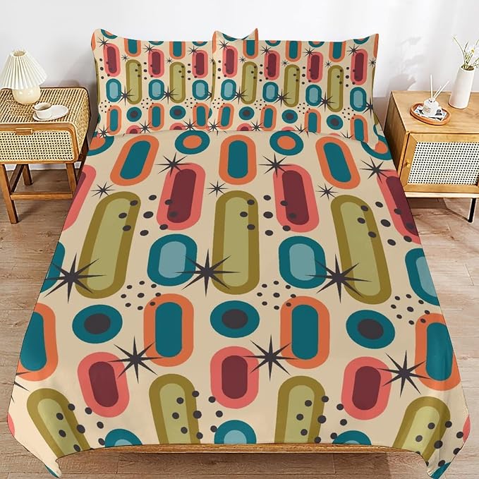 Colorful Aesthetic Comforter Cover Geometry Bed Set, Retro Atomic Duvet Cover，Modern Mid Century Bedding Sets，Aesthetic Abstract Art Bedding 3 Piece (1 Duvet Cover 90"x90" + 2 Pillow Sham 20"x30")