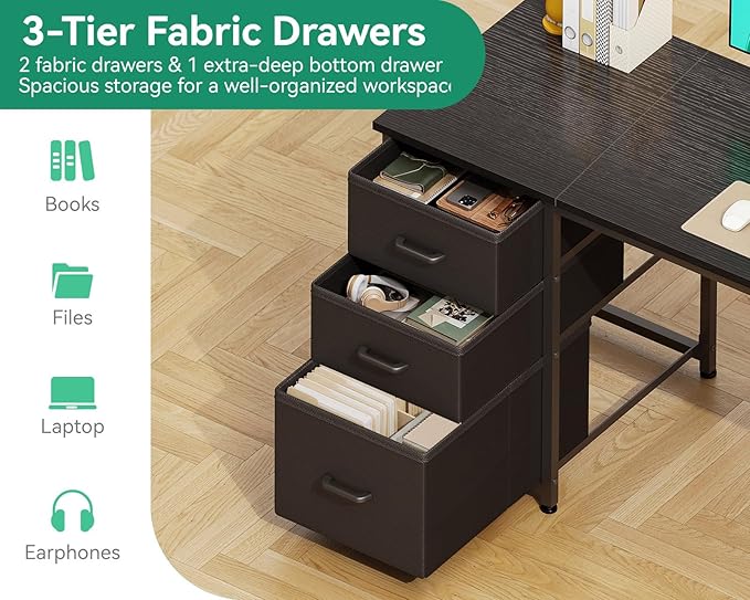 AODK 63 Inch Computer Desk with Drawers & USB Power Outlets, Reversible Home Office Desk with Storage Shelves, Work from Home, Modern Work/Writing/Study Table for Bedroom, Black