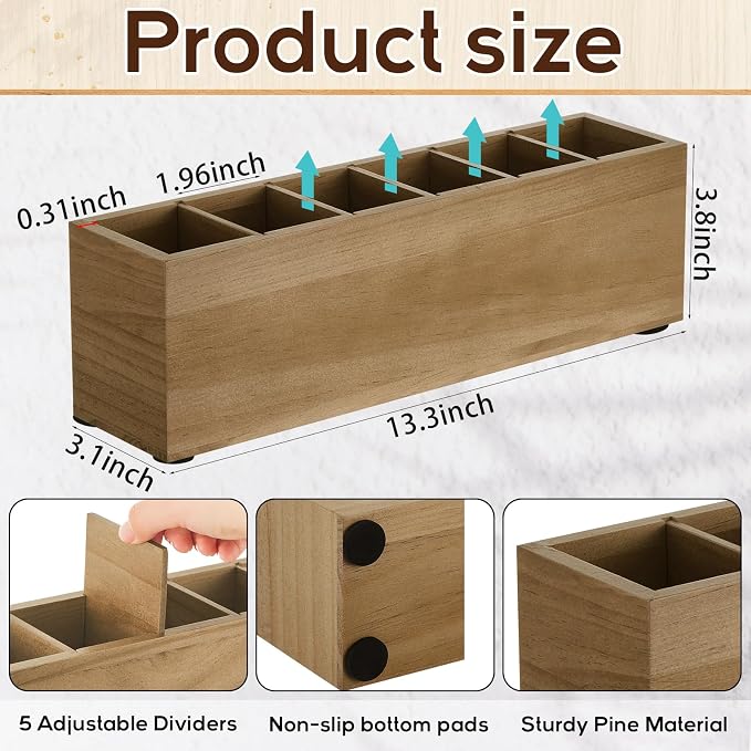 Jetec Wooden Pencil Pen Holder for Desk 6 Compartments Cosmetic Makeup Brush Stationery Office Desktop Organizers for Countertop Adjustable Silverware Caddy for Home and Party, Art Supplie(Wood Color)