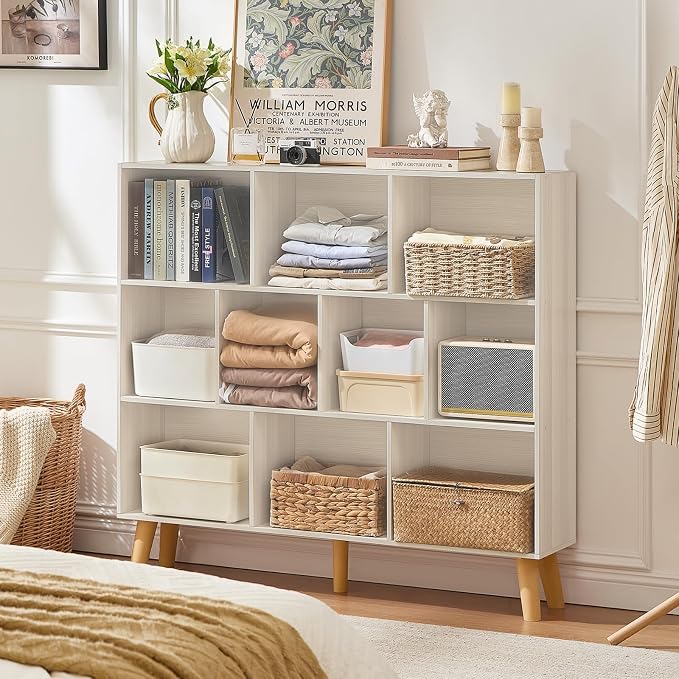 LEYAOYAO 10 Cube Bookshelf,3 Tier Modern Wide Bookcase with Legs,Mid-Century Wood Bookshelves Storage，Light Grey White Large Book Case,Freestanding Organizer Display Shelf for Living Room,Office
