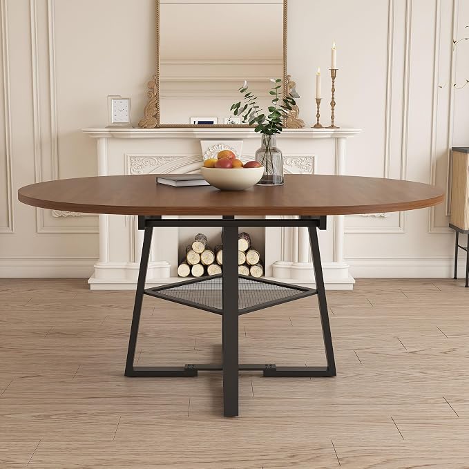 43"-59" Extendable Round Dining Table for 4-6,Mid Century Modern Walnut Wood Grain Table,Expandable Kitchen Table with Metal Storage Shelf for Small Spaces