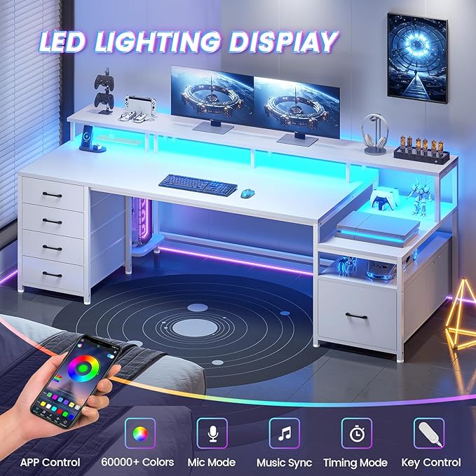 SEDETA White Computer Desk with 5 Drawer & Power Outlet, 75'' Home Office Desk with File Drawer, Storage Shelves, Printer Cabinet and Monitor Shelf, Gaming Desk with Led Lights, 23.6" W Desktop