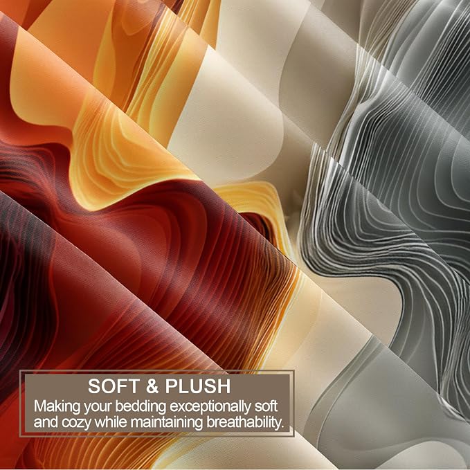 Modern Abstract Duvet Cover King Size, Orange Abstract Line Art Bedding Set 3 Piece, Colorful Patterned Comforter Cover with Zipper Soft Microfiber, 2 Pillowcases