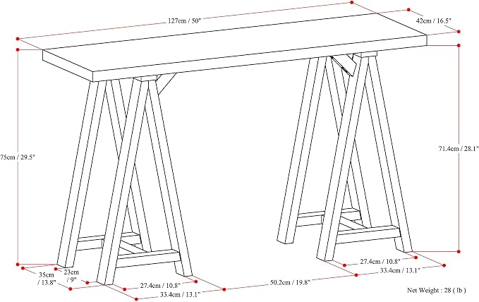 SIMPLIHOME Sawhorse Console Table - 50 Inch Wide Solid Wood Sofa Table in Dark Chestnut Brown, Modern Industrial Entryway Table for Living Room with Extra Thick Top and Sawhorse Legs
