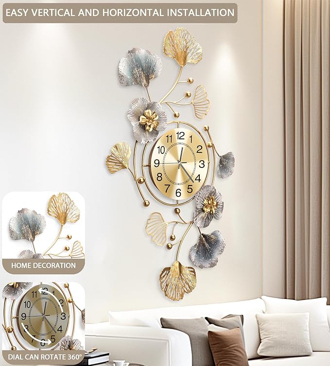 Clocks for Living Room, Large Wall Clock, 3D Silent Wall Clock, Retro Metal Ginkgo Leaf Design, for Bedroom Kitchen Decorative Wall Clocks（32''x18'' ）