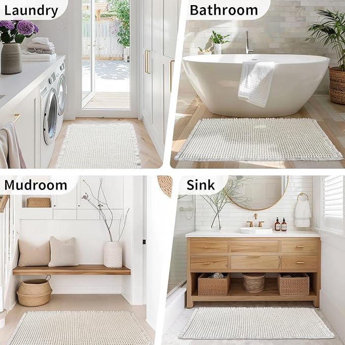 White Long Bathroom Rugs, Waffle Runner Bath Mat Non Slip Washable, Super Absorbent & Quick Dry, Boho Bath Mat Farmhouse Bathroom Decor, 24'' x 72'', White