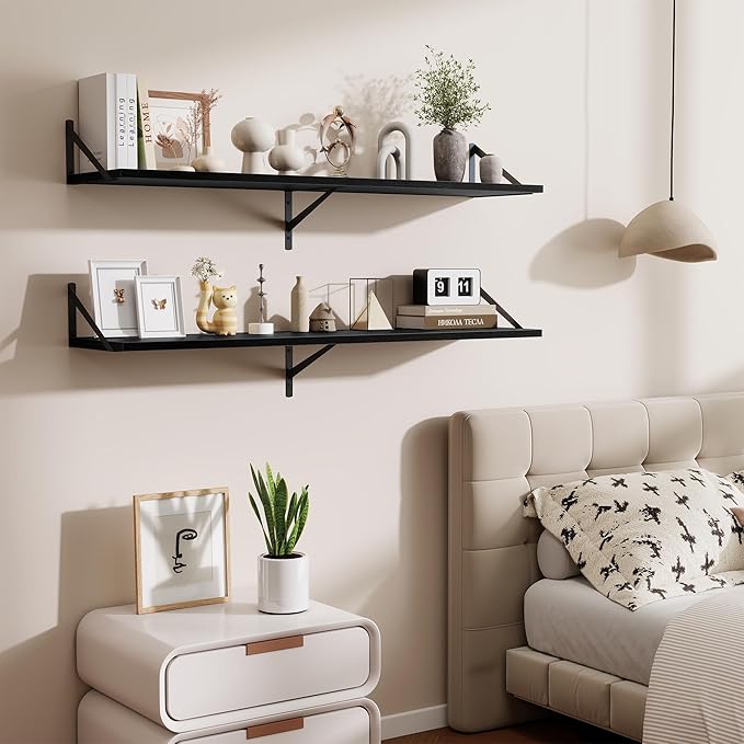 48inch Floating Shelves for Wall,10" Deep Floating Shelves with Metal Brackets,Wall Mounted Hanging Floating Shelf,Wide Display Shelves for Living Room,Bedroom,Office,Kitchen,Black