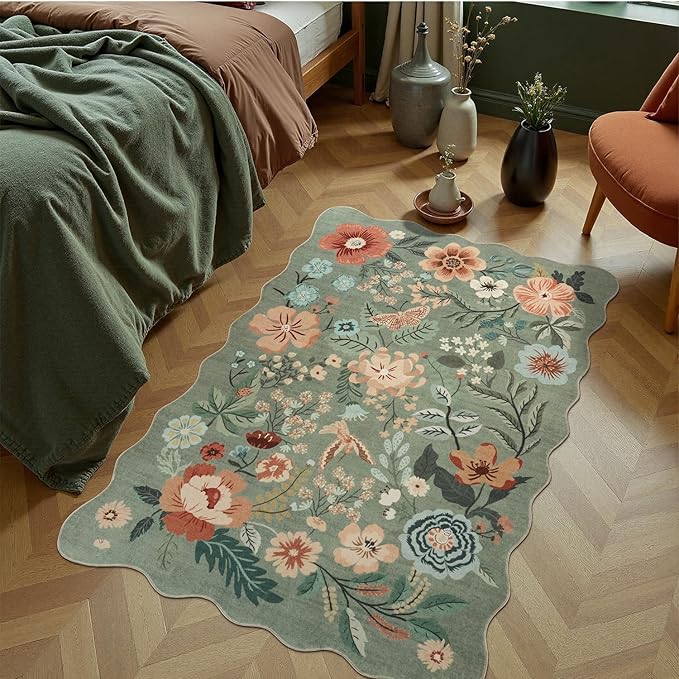 DCX Vintage Floral Rug 2x3, Washable Sage Green Rug for Living Room, Kid & Pet Friendly with Rubber Back Non Slip, Soft Low Pile Carpet, Stain Resistant Rug for Kitchen, Bedroom, Laundry, Bathroom