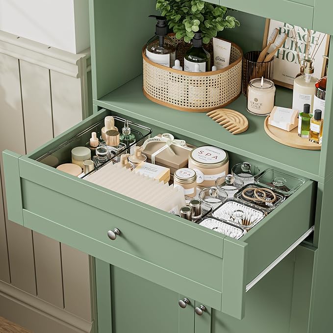 Tall Bathroom Storage Cabinets with Drawer, Modern Linen Cabinet with Doors & Shelves, 67"H Tall Storage Cabinet Freestanding for Bathroom, Dining Room, Kitchen & Pantry, Laundry, Narrow Corner, Green