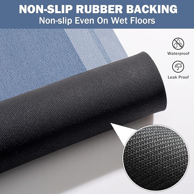 Non Slip Long Bath Mat Bathroom Runner, Rubber Backing Ultra Thin Bathroom Rugs Fit Under Door Quick Dry Super Absorbent Washable Bath Rug Shower Mat for Bathtub Sink Floor, Blue 17"x47"