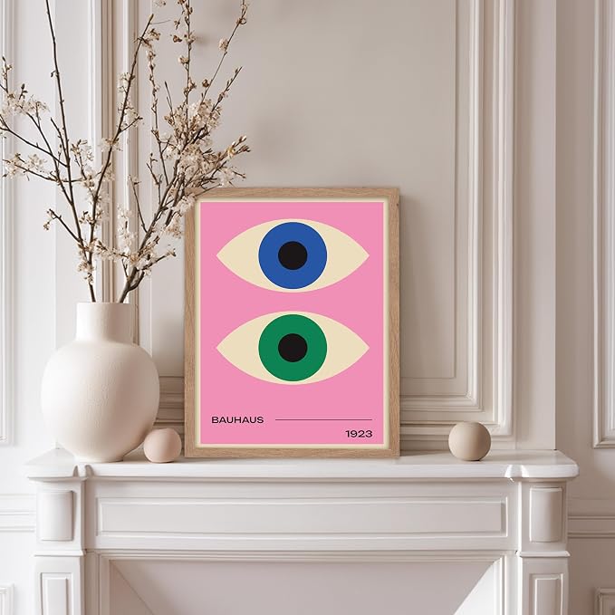 Poster Master Bauhaus Poster - Eyes Print - Abstract Circles ART - Graphic Design ART - Geometric Style - Chic Boho - Mid Century Modern - Living Room or Bedroom Decor - 8x10 Beige Framed