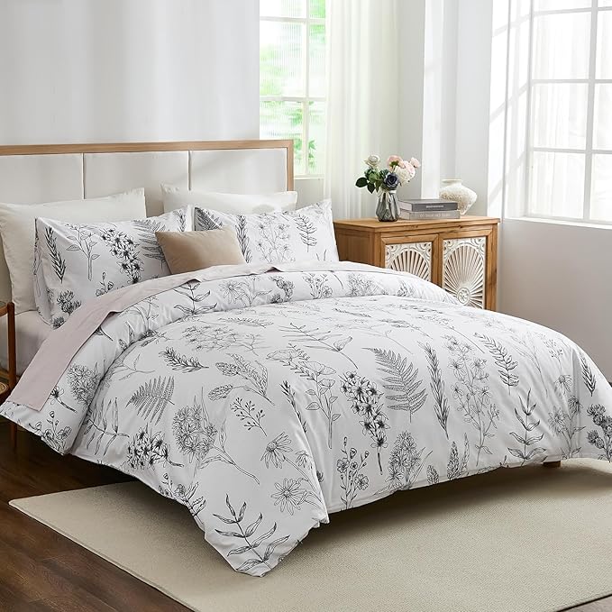 Cozeline 100% Cotton Duvet Cover Queen Size, Black and White Leaf Pattern Bedding Set with Zipper Closure, 3 Pcs Breathable and Soft Floral Duvet Cover for All Season