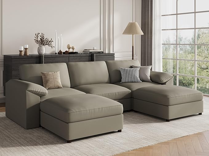 EASE MOOSE Oversized Modular Sofa with Deep Seat,Extra Large Sectional U Shaped Couch for Living Room,Comfy Scratch Resistant Faux Leather Material,Modern Sofas with Ottoman,Light Grey