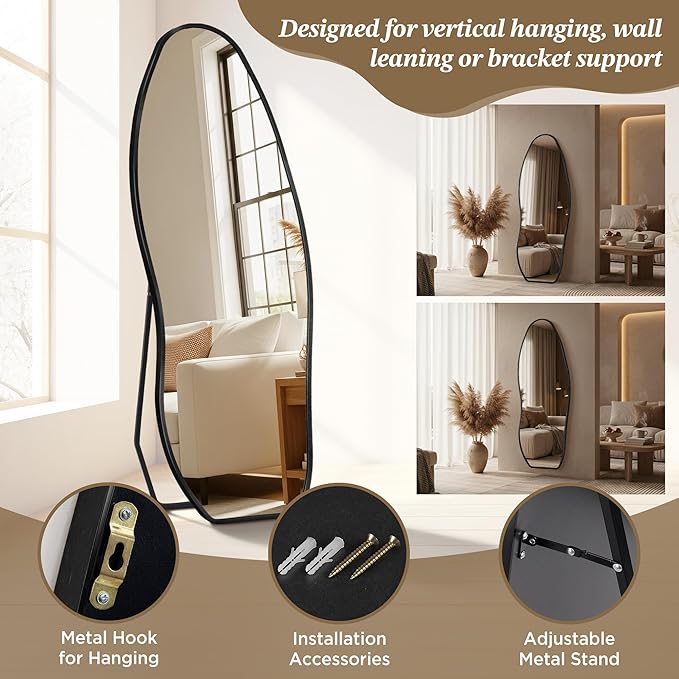 Mirror Full Length - Irregular Full Body Mirror Standing or Leaning or Wall Hanging 63"x 24" Asymmetrical Aviation Aluminum Alloy Frame Unique for Bedroom, Living Room, Cloakroom, Entryway