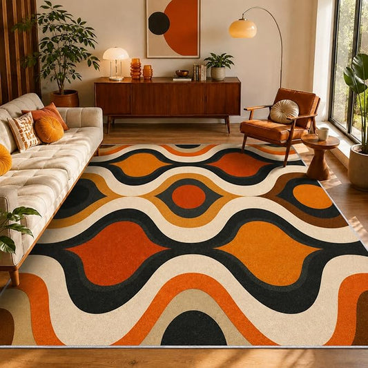 Retro Wave Area Rug 5x7, Mid-Century Modern Geometric Rug, Orange Brown Abstract Carpet for Living Room Bedroom, Soft Non-Slip Washable Rug