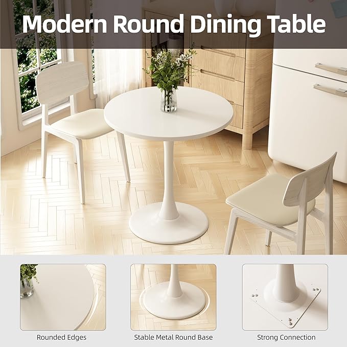 Round Dining Table 27.5" Circle Tulip Table with Wood Thickened Tabletop & Sturdy Metal Pedestal Mid Century Modern Leisure Bistro Kitchen Tables 4 People Small Places Living Room Cafe,White