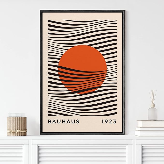 MUDECOR Framed Canvas Print Wall Art Mid-Century Bauhaus Red Sun & Black Waves Shapes Abstract Illustrations Modern Art Minimal Multicolor Relax/Calm for Living Room, Bedroom, Office - 16"x24" Black