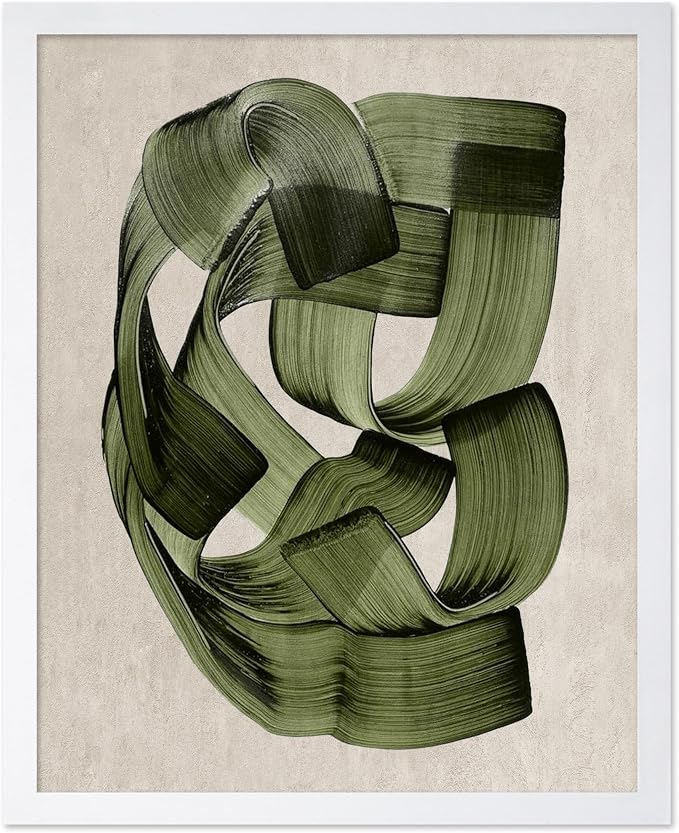 Poster Master Green Abstraction Poster - Brush Strokes Print - Painted Swirl Art - Chic Boho Design - Abstract Illustration - Great Office or Living Room Decor - 16x20 White Framed