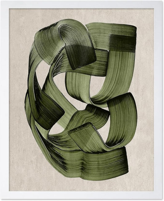 Poster Master Green Abstraction Poster - Brush Strokes Print - Painted Swirl Art - Chic Boho Design - Abstract Illustration - Great Office or Living Room Decor - 11x14 White Framed