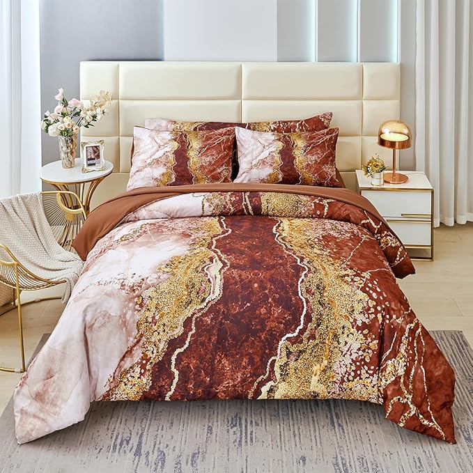 PERFEMET 6 Pcs Marble Comforter Set California King Watercolor Tie Dye Printing Bedding with Sheets Abstract Artwork Brown and Gold Bed in A Bag Complete Set(Coffee Brown, Cal King)