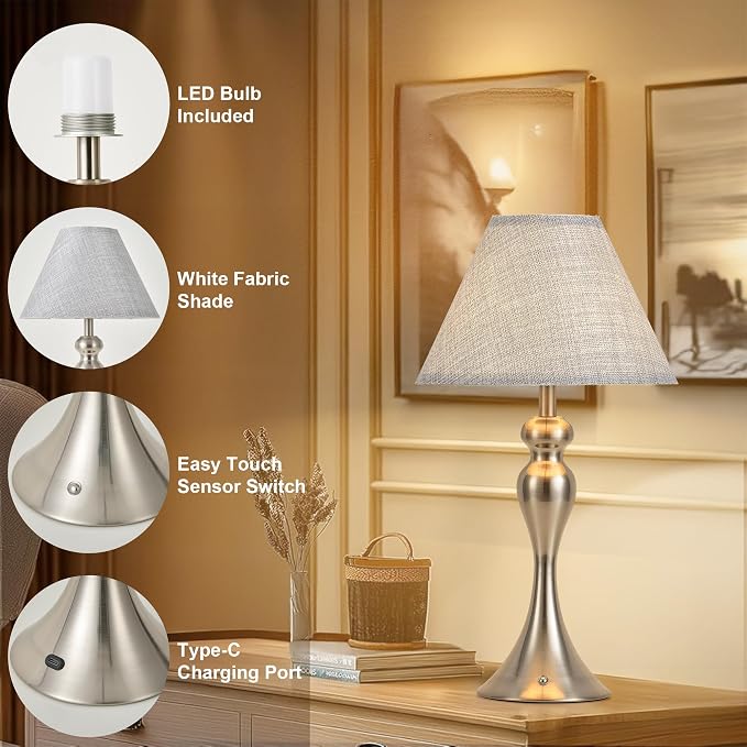Rechargeable Cordless Table Lamps, Battery Operated Lamp with Fabric Shade for Decor, 3 Color Stepless Dimming LED Table Light, Nightstand Lamp for Nursery, Bedroom, Living Room, Home Office (Nickel)