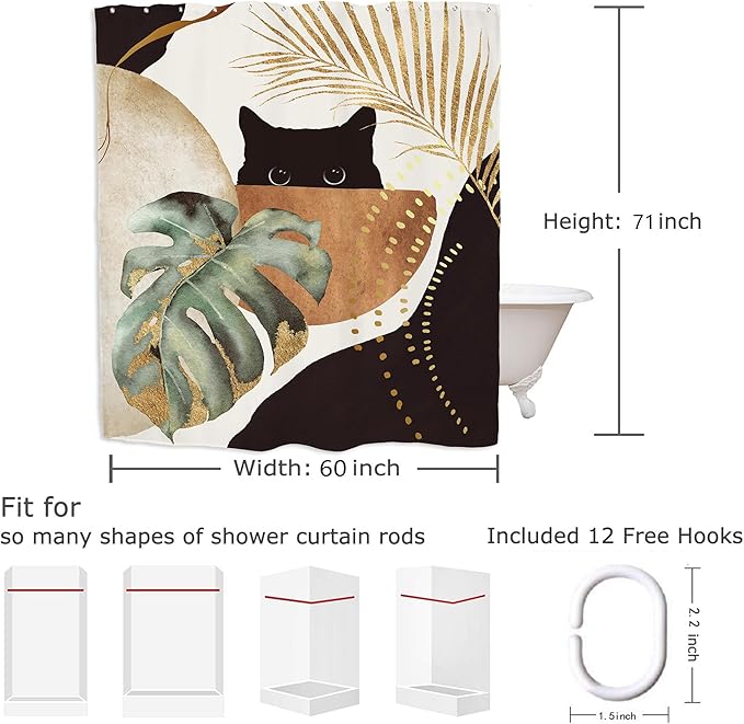 Yookeb Abstract Mid Century Bathroom Shower Curtain 60W by 71H Inch Cat Vintage Minimalist Plant Monstera Brown Aesthetic Polyester Fabric 12 Plastic Hooks Waterproof Decor